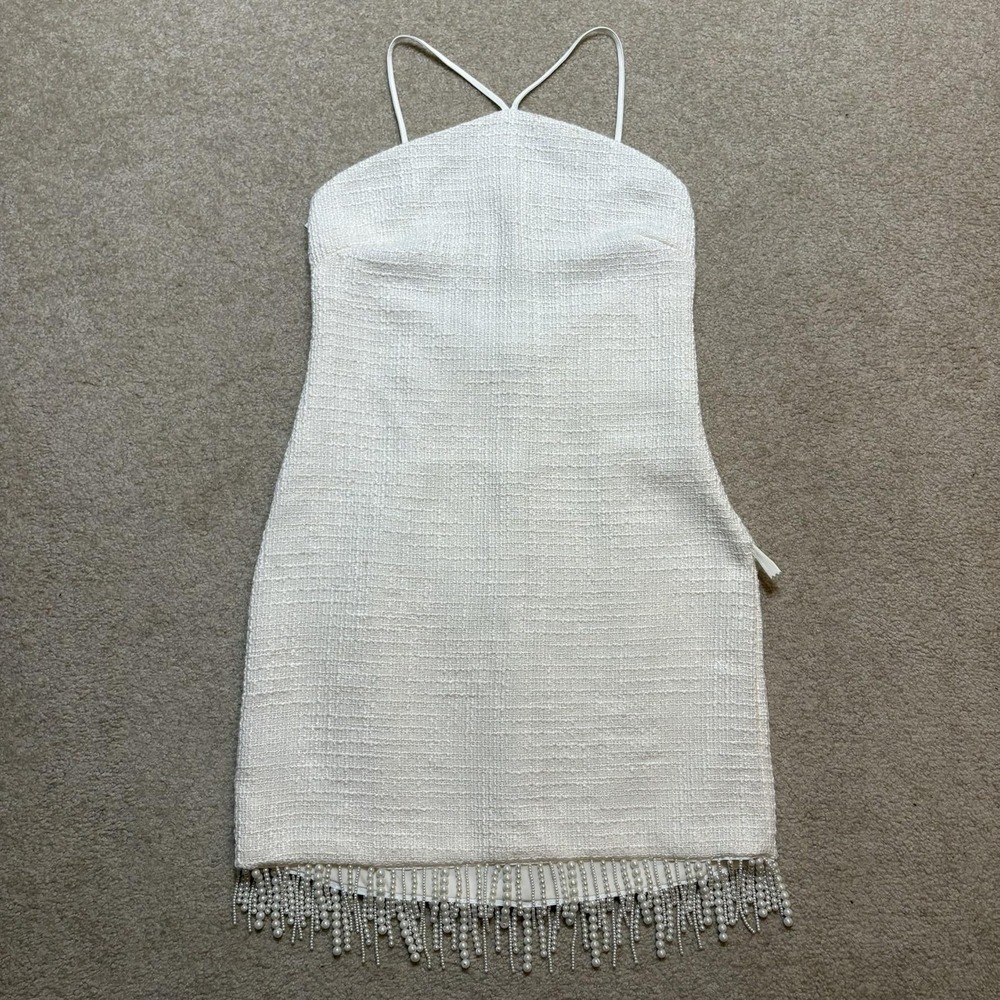Jason Wu Dress Womens Small White Tweed Beaded Fringe Hem Mini Party Cocktail